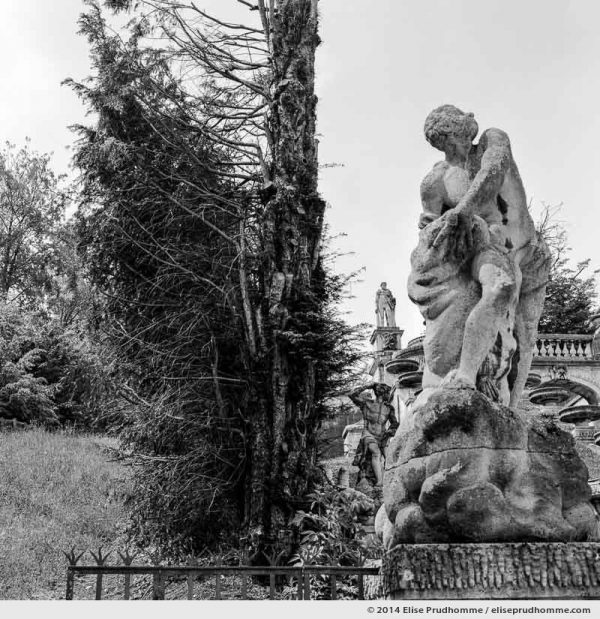 Hedge and statue at the Grande Cascade, Saint-Cloud Park, France, 2014 (series Yours, Mine, Le Nôtre's) by Elise Prudhomme.