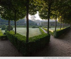 Sunrise through the tree-lined walkway on the first terrace, Brecy Castle Gardens, Saint Gabriel Brécy, France, 2012 (series Notable Gardens of France) by Elise Prudhomme.
