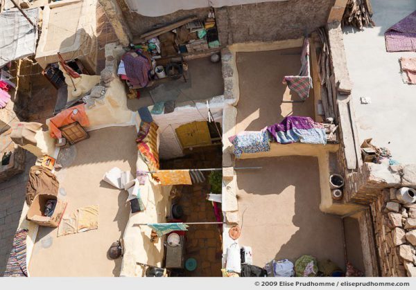 Aerial view of residential lifestyle on the rooftops of golden city of Jaisalmer, Rajasthan, Western India, 2009 by Elise Prudhomme.