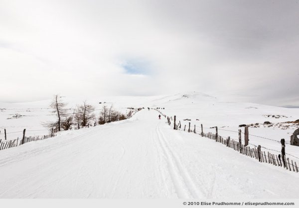 People in the distance cross-country skiing at the summit of the Banne d'Ordanche, Auvergne, France, 2010 by Elise Prudhomme.
