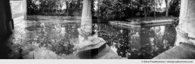 Black and white photograph of the moat and enivrons at Château de Tanlay, Burgundy, France. Analog photography series entitled Lieux-dits by Elise Prudhomme.