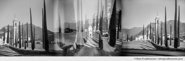 Black and white panoramic photograph of an avenue of cypress leading to a church, Tuscany, Italy. Analog photography series entitled Lieux-dits by Elise Prudhomme.