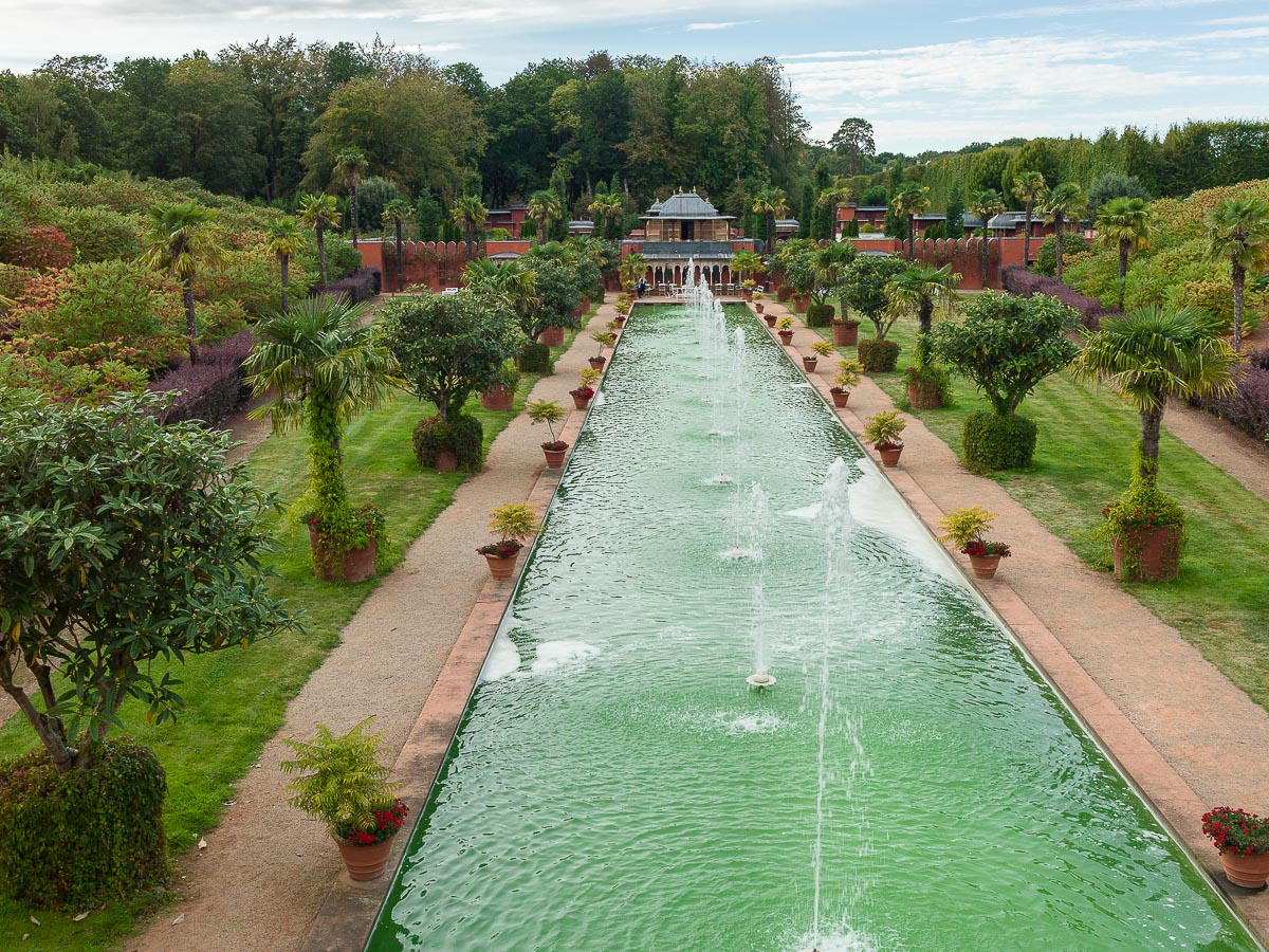 Overview of the water garden, Palace of Dreams, Chateau du Champ de Bataille, Normandy, France