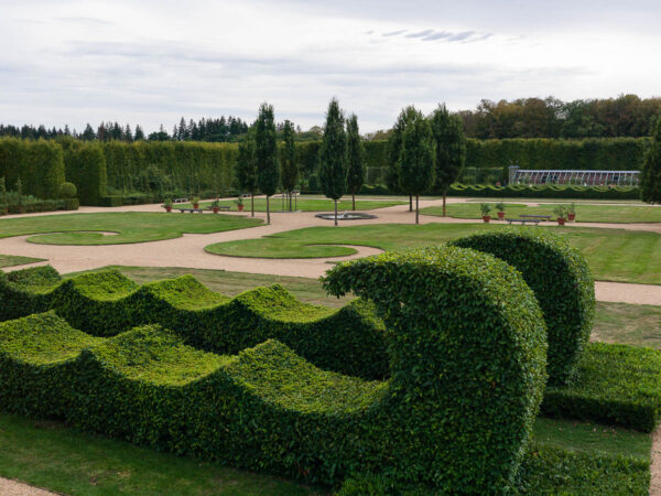 Topiary sculpture in the form of a wave at the Château du Champ de Bataille, Normandy, France.