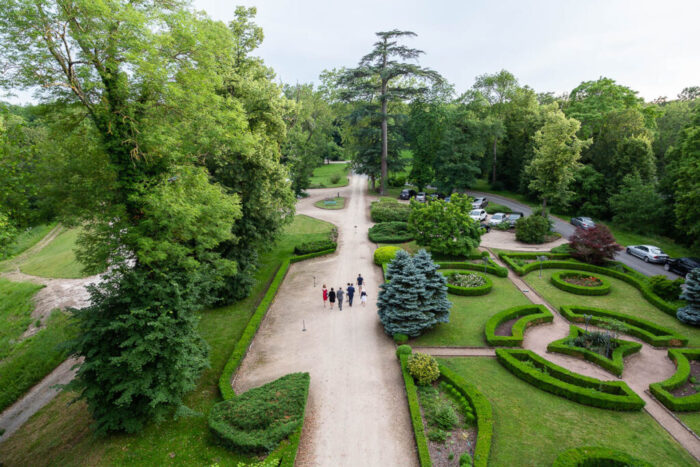 View of the formal entrance garden from the turret of Chateau de Maulmont near Vichy, France.