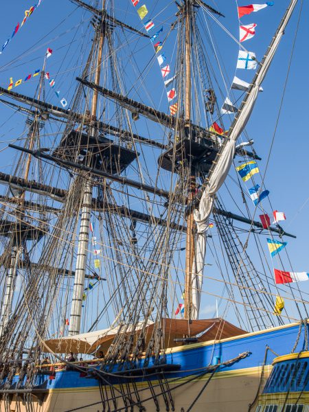 Replica of French frigate l'Hermione docked in the Port of Cherbourg, Normandy, France during the Normandy Liberty tour May 2019.