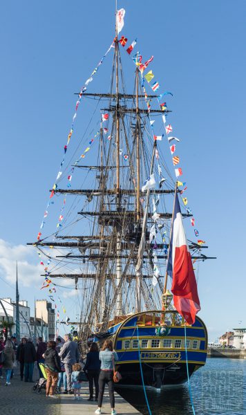 Replica of French frigate l'Hermione docked in the Port of Cherbourg, Normandy, France during the Normandy Liberty tour May 2019.
