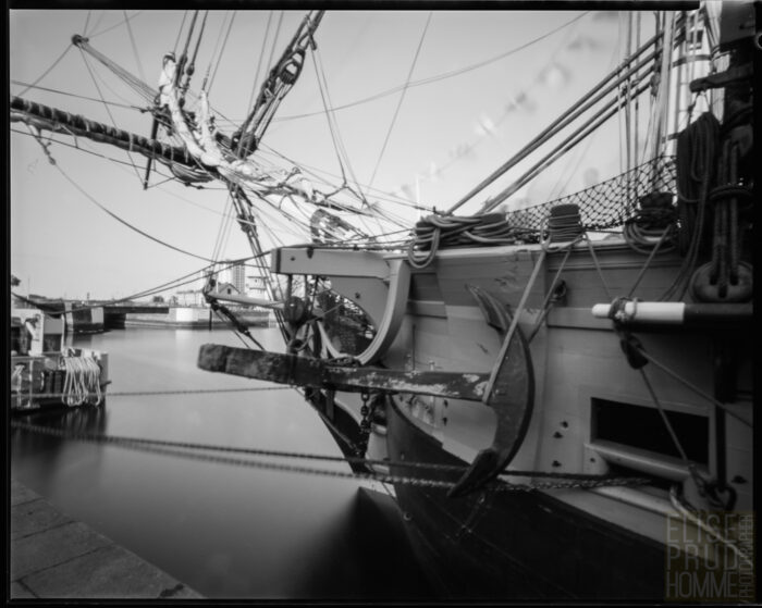 Replica of French frigate l'Hermione docked in the Port of Cherbourg, Normandy, France taken with a large format pinhole camera.