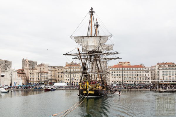 L'Hermione, a replica of the frigate Lafayette sailed in 1780 to America, docked in the Old Port of Marseille, France.