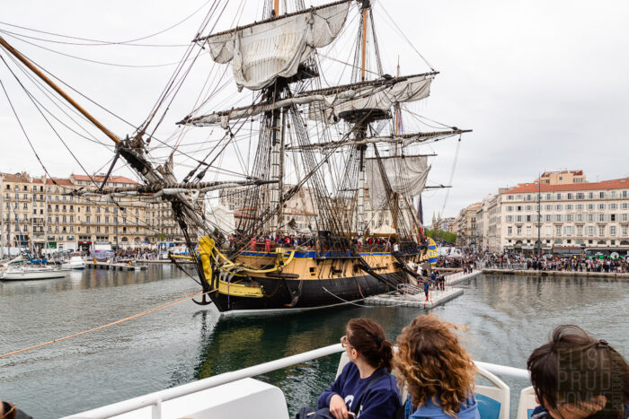 L'Hermione, a replica of the frigate Lafayette sailed in 1780 to America, docked in the Old Port of Marseille, France.
