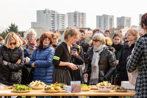 Mona Prudhomme presents dishes prepared by the Food Truck "la Récho" at the Sensitive Zone - Urban Farm of Saint-Denis on 9 April 2019.