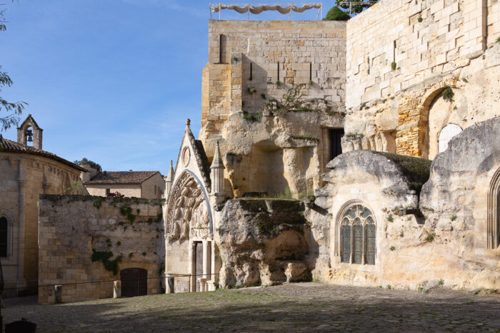 Overview of the the rock-carved sanctuary, or Monolith, carved out in the 11th century, Place du Marche, Saint-Emilion, Gironde, France.