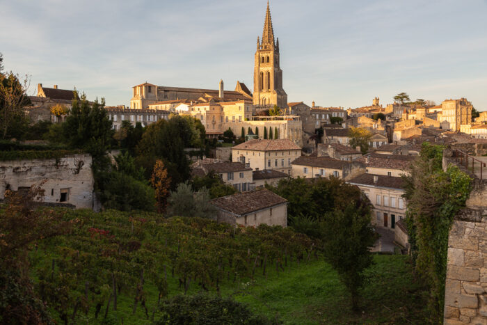 The town of Saint-Emilion with the Collegiale Church and spire as seen from the King's Tower, Bordeaux, Region of the Gironde, France.