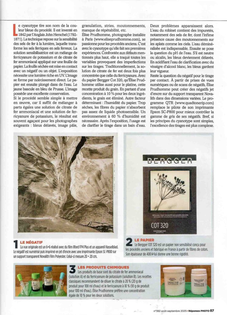 Four page magazine article in French review "Reponses Photo" no. 382 about my work with cyanotype, a historical photo printing process.
