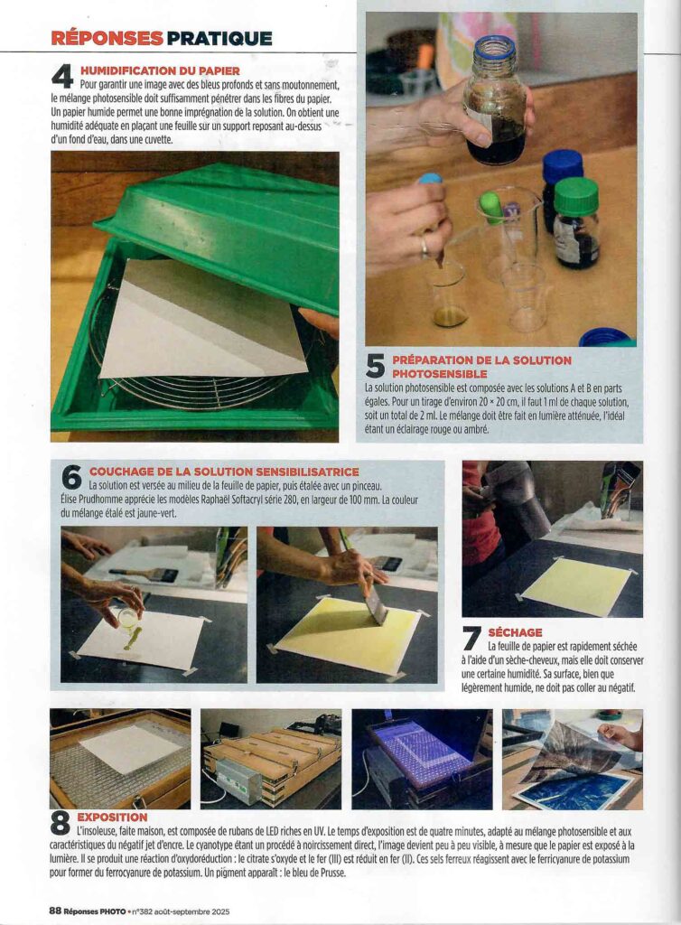 Four page magazine article in French review "Reponses Photo" no. 382 about my work with cyanotype, a historical photo printing process.