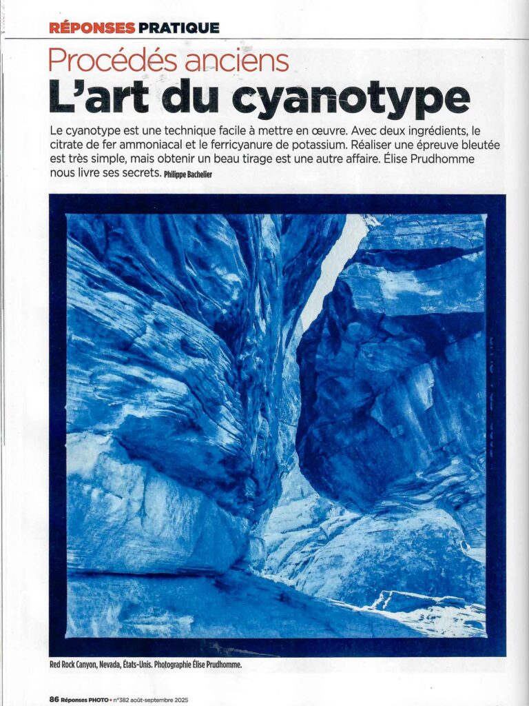 Four page magazine article in French review "Reponses Photo" no. 382 about my work with cyanotype, a historical photo printing process.