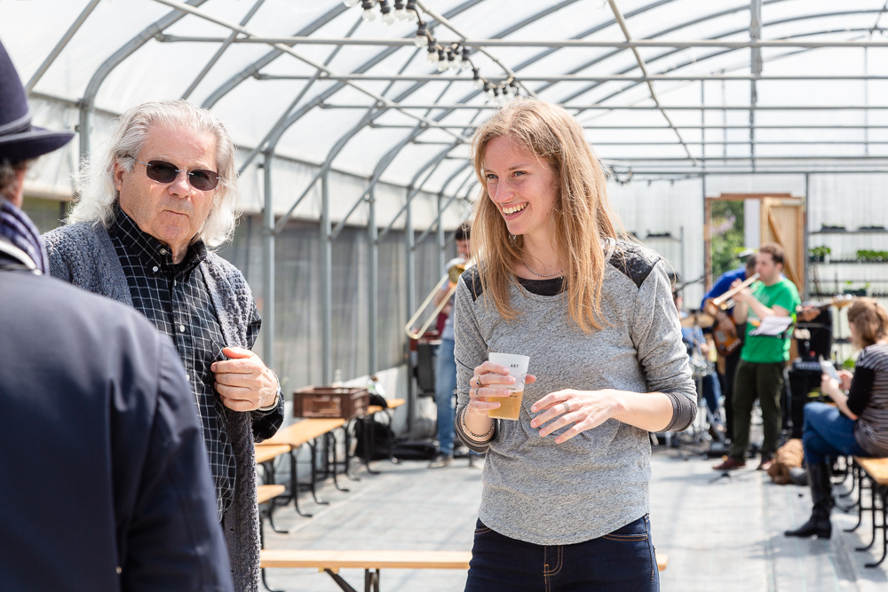 Mona Prudhomme and René Kersanté in the greenhouse of the Sensitive Zone during the inauguration of the Urban Farm of Saint Denis on 11 May 2019.  L'inauguration de la Ferme Urbaine de Saint-Denis le 11 mai 2019.  Zone Sensible / Parti Poétique et la Ferme Ouverte de Saint-Denis.
