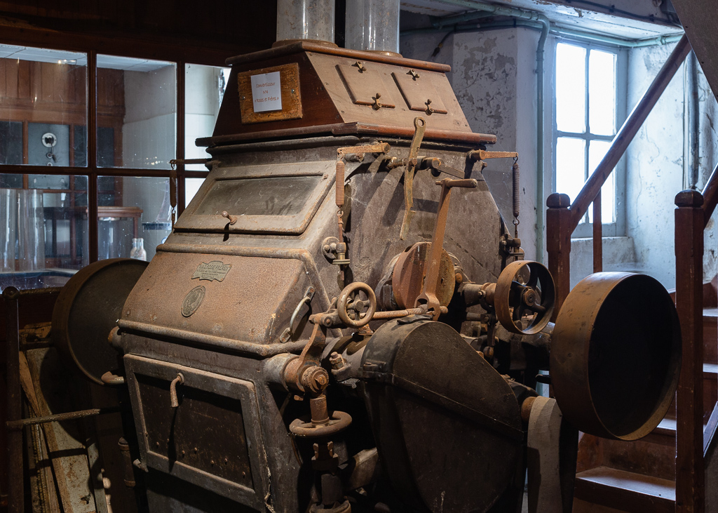 Unrestored roller mill and laboratory at Saint-Gabriel Flour Mill.  Restoration of the Saint-Gabriel Flour Mill, Saint-Gabriel-Brecy, France.