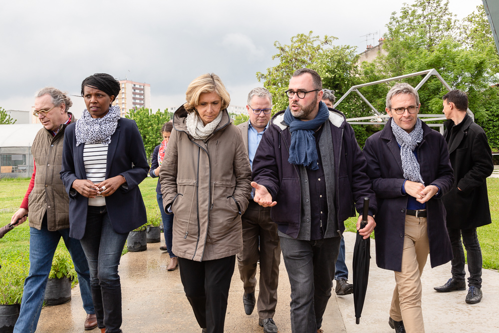 IDF Regional President Valérie Pécresse visits the Sensitive Zone guided by Olivier Darné alongside Mayor Laurent Russier and Departmental Council President Stéphane Troussel at the official inauguration on May 11, 2019. L'inauguration de la Ferme Urbaine de Saint-Denis le 11 mai 2019. Zone Sensible / Parti Poétique et la Ferme Ouverte de Saint-Denis.