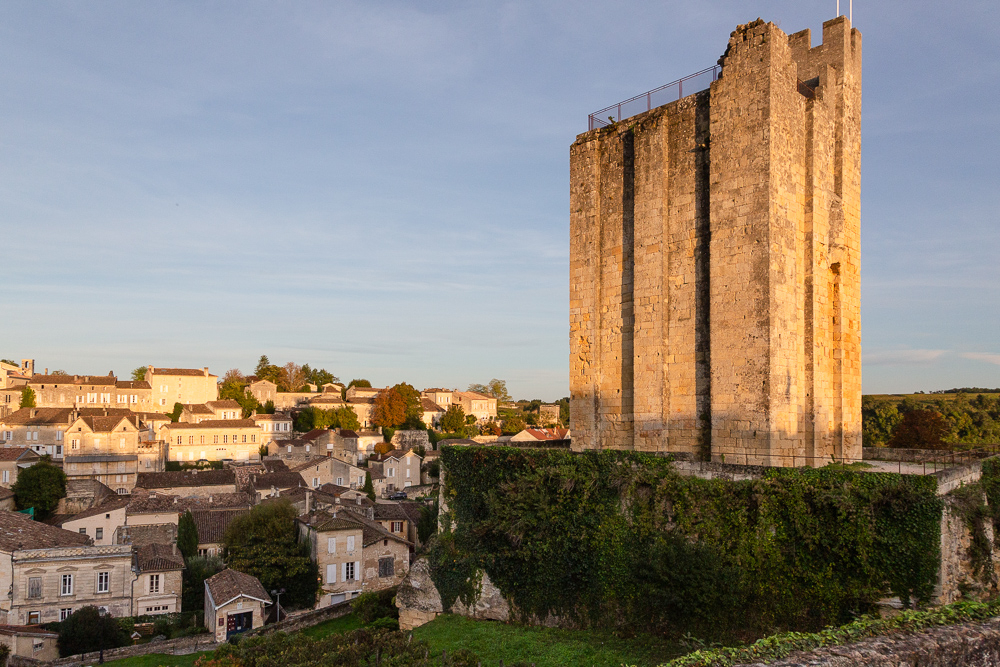 Sunset overview of the town of Saint-Emilion as seen from the King's Tower, Bordeaux region, Department of the Gironde, France.