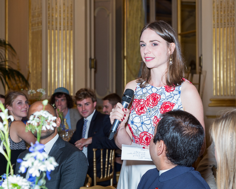 The bride delivers a speech during her wedding reception at the Cercle de l'Union Interalliée, Paris, France.