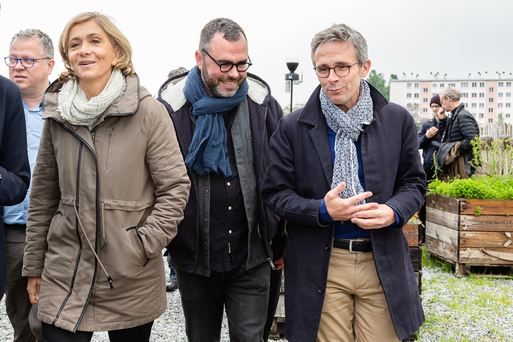IDF Regional President Valérie Pécresse with Olivier Darné (middle), Mayor Laurent Russier (right) and Departmental Council President Stéphane Troussel (left) at the official inauguration on May 11, 2019.  L'inauguration de la Ferme Urbaine de Saint-Denis le 11 mai 2019.  Zone Sensible / Parti Poétique et la Ferme Ouverte de Saint-Denis.