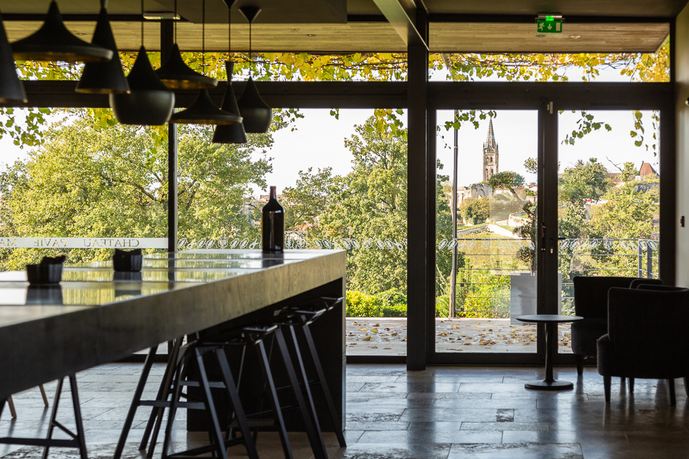 Tasting room interior of Château Pavie Macquin overlooking the town of St Émilion Gironde France.