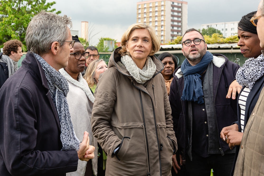 President of the IDF region Valérie Pécresse with Olivier Darné (middle), Mayor Laurent Russier (right) and President of the Departmental Council of Seine-Saint-Denis Stéphane Troussel (left) at the official inauguration on May 11, 2019.  L'inauguration de la Ferme Urbaine de Saint-Denis le 11 mai 2019.  Zone Sensible / Parti Poétique et la Ferme Ouverte de Saint-Denis.