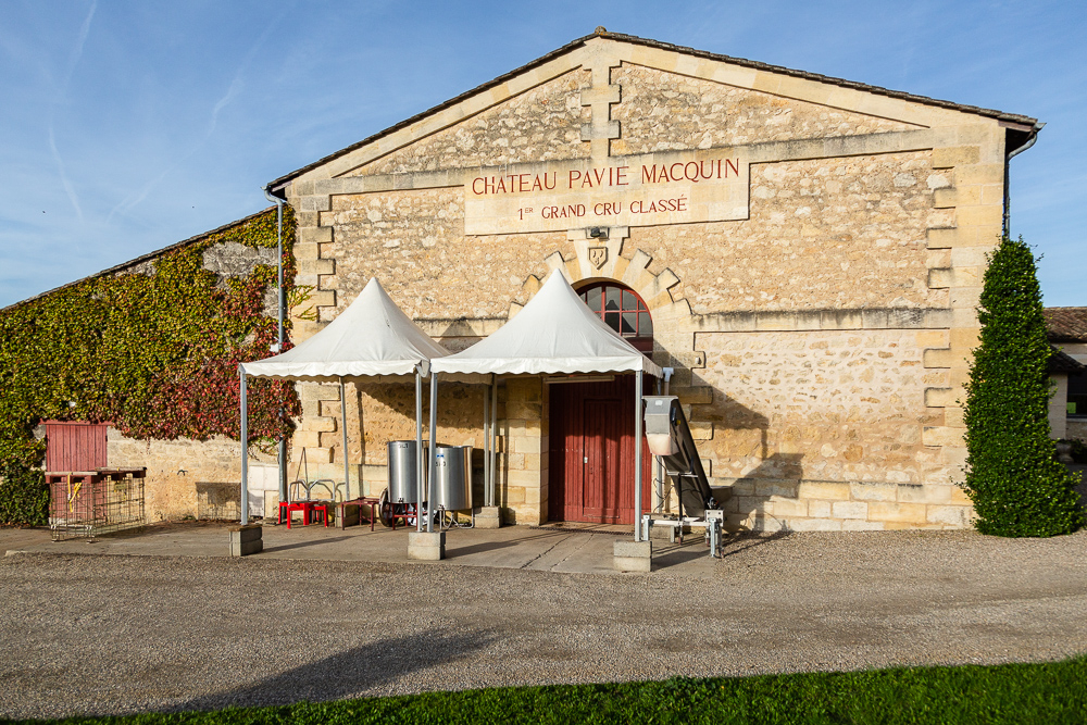 Sunset view of the winery and chai of Wine Estate Chateau Pavie-Macquin, Saint Emilion, Bordeaux wine region, Department of the Gironde, France.