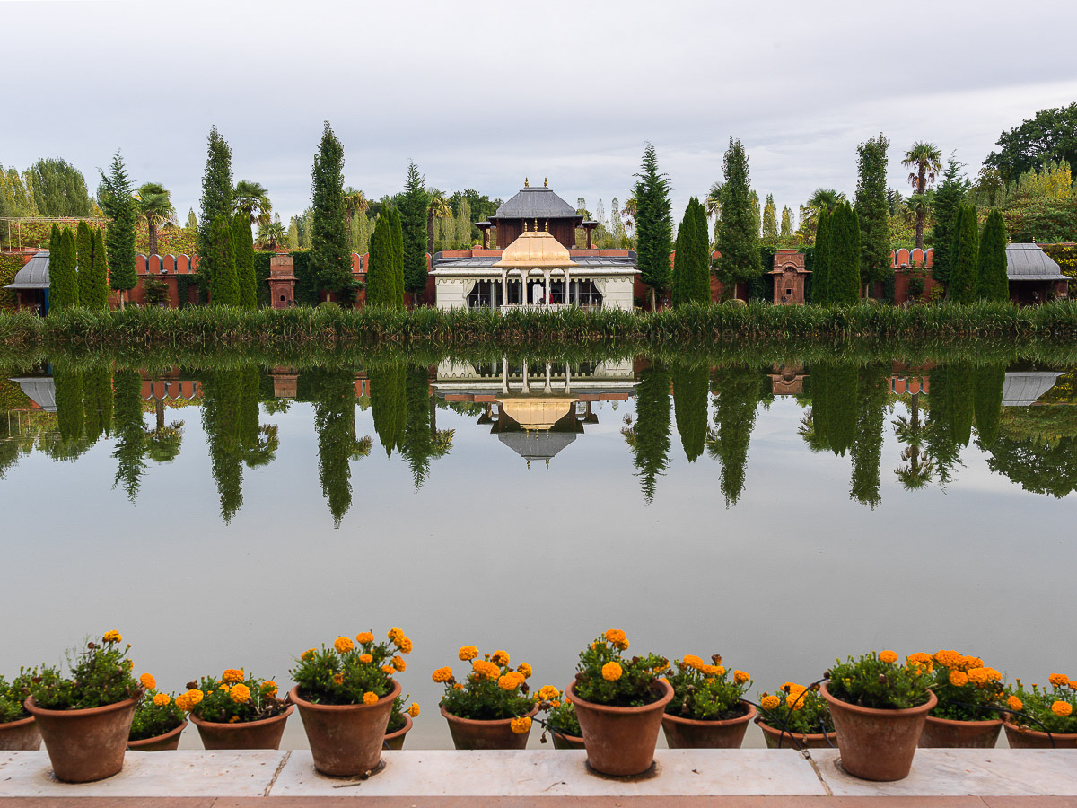 Artificial lake and temple inside the Palace of Dreams, Chateau de Champ de Bataille, France