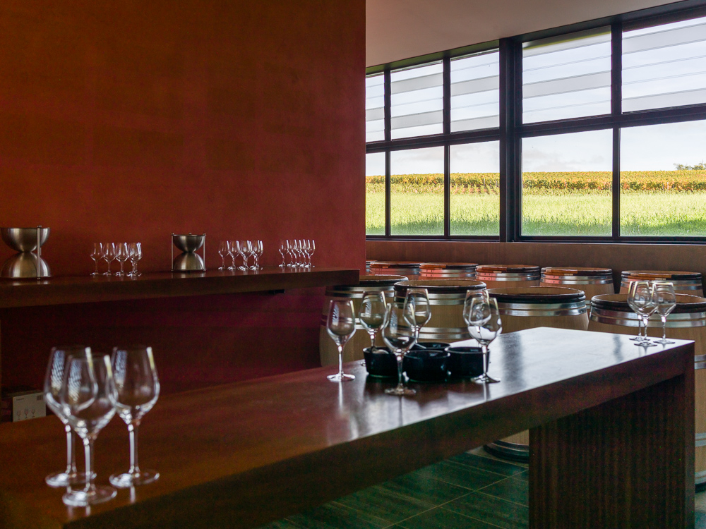Tasting room in the barrel chai of Château Pavie Macquin, Saint Emilion, Bordeaux region, Department of the Gironde, France.